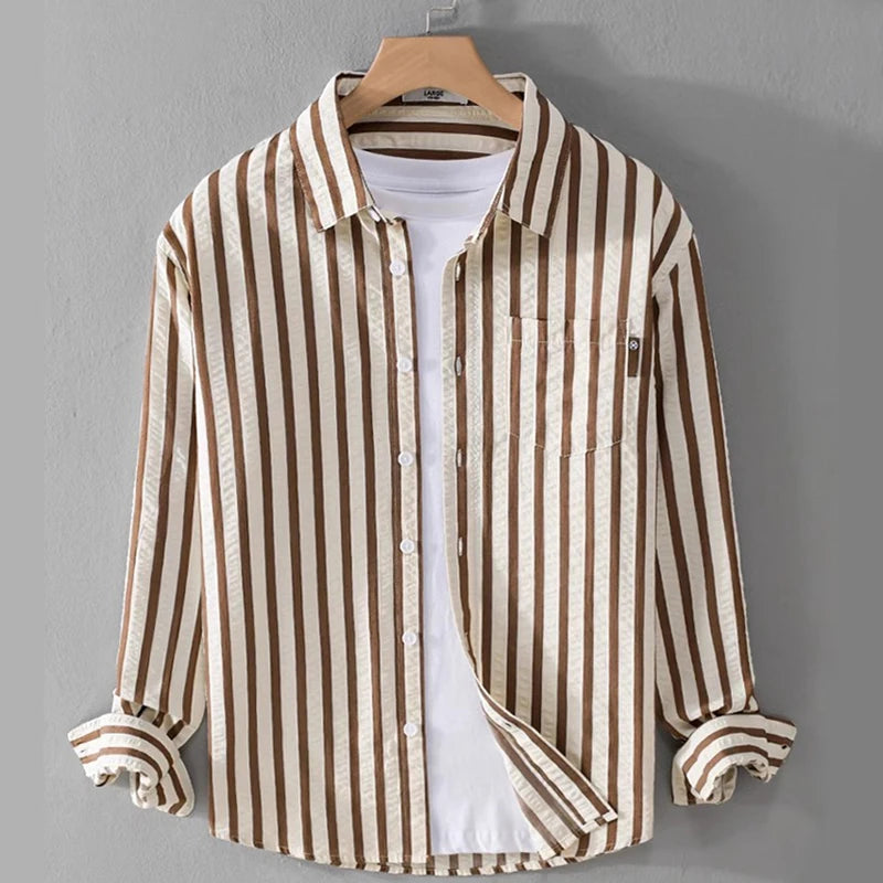 Men's Stripe Shirt Long Sleeve Oversized 100% Cotton Thin Slim Fit Formal Plain Shirt Tops New Button-Down Collar Casual Shirt