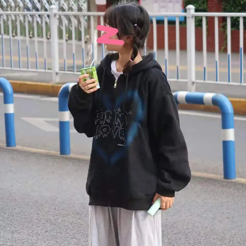 Y2K Harajuku Korean Style Loose Skeleton Zip-Up Hoodie Grunge Long Sleeve Gothic Hooded Jacket Retro Coat Oversized Sweatshirt