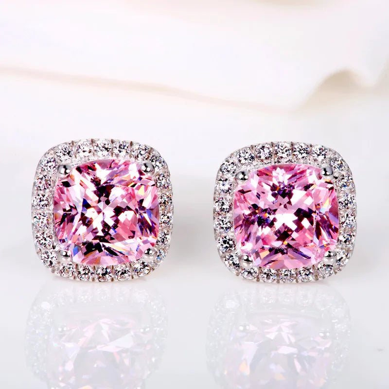 Luxury Female Yellow Pink Stone Earrings Fashion Silver Color Wedding Jewelry Vintage Double Stud Earrings For Women
