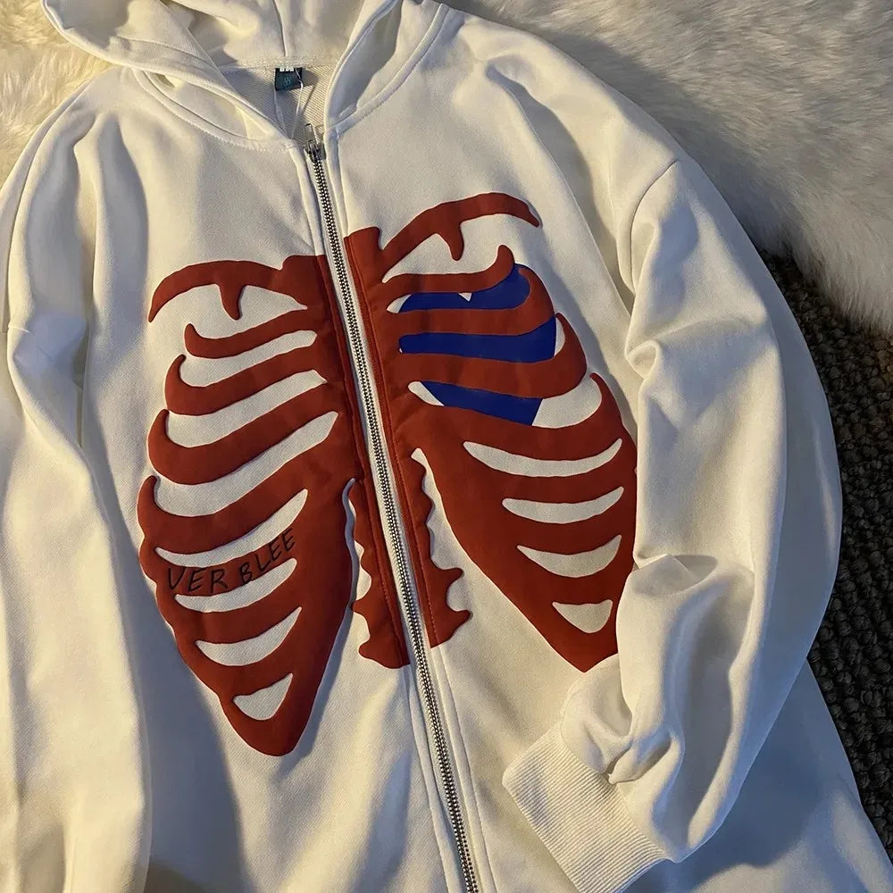 Y2K Harajuku Korean Style Loose Skeleton Zip-Up Hoodie Grunge Long Sleeve Gothic Hooded Jacket Retro Coat Oversized Sweatshirt