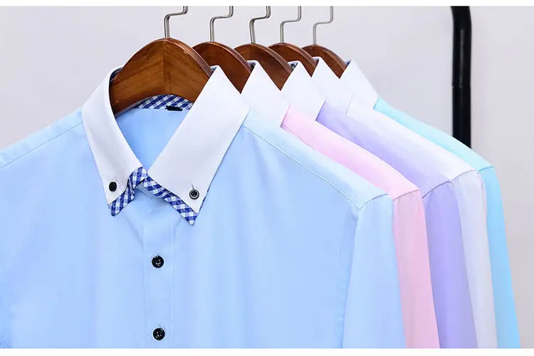 Mens Dress Shirt Long Sleeve Non Iron Fashion Double Layer Business Formal Regular Fit Office Camisa Social Shirts Drop Shipping