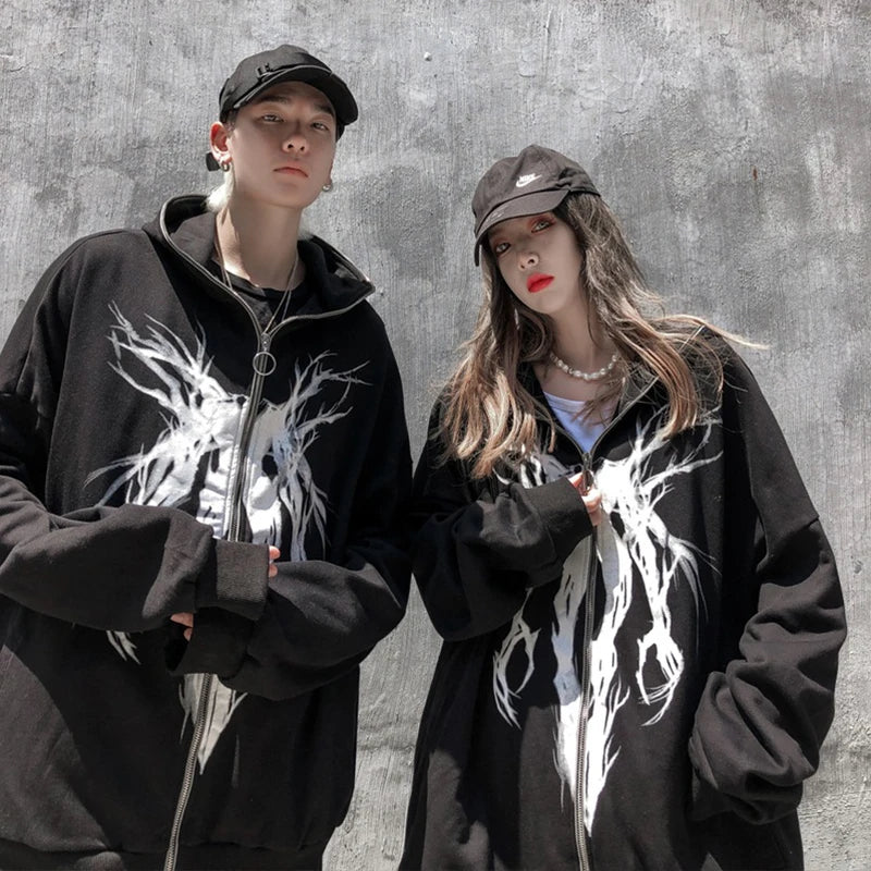 Y2k Hip Hop Letter Printed Zip Up Hoodie Women Cardigan Blue Sweatshirts Gothic Punk Clothes New Fashion Streetwear 90s Jackets