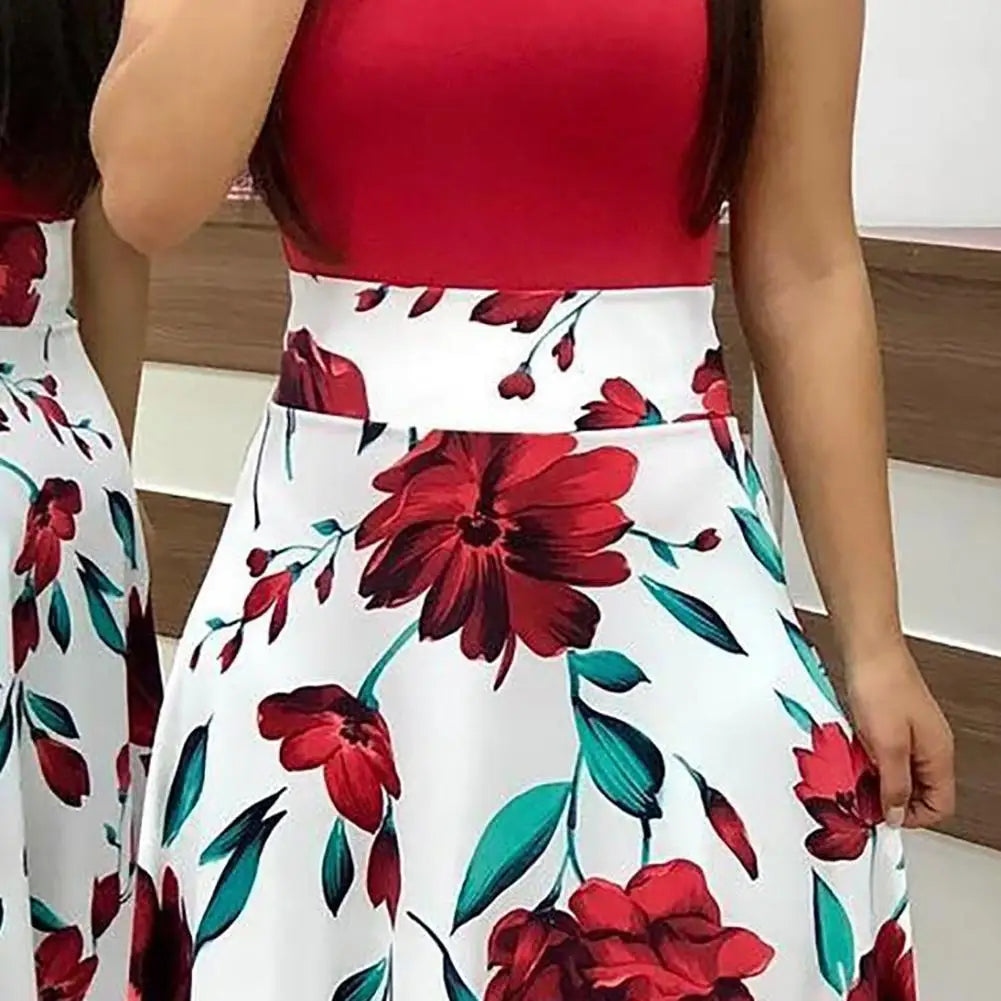Hot Sales!!Casual Women's Dresses Floral Print Color Block Round Neck Beach Party Short Sleeve Maxi Dress