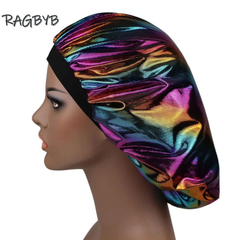 Unisex Glitter Silk Durag Matching Bonnet Set Men Silky Durag Bandanas Bonnet for Women Sleep Cap Wave Hair Cap Head Scarf Durag