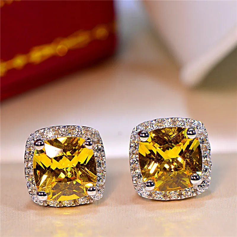 Luxury Female Yellow Pink Stone Earrings Fashion Silver Color Wedding Jewelry Vintage Double Stud Earrings For Women