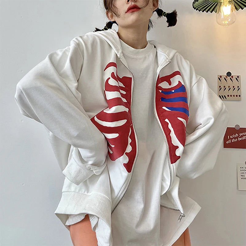 Y2K Harajuku Korean Style Loose Skeleton Zip-Up Hoodie Grunge Long Sleeve Gothic Hooded Jacket Retro Coat Oversized Sweatshirt
