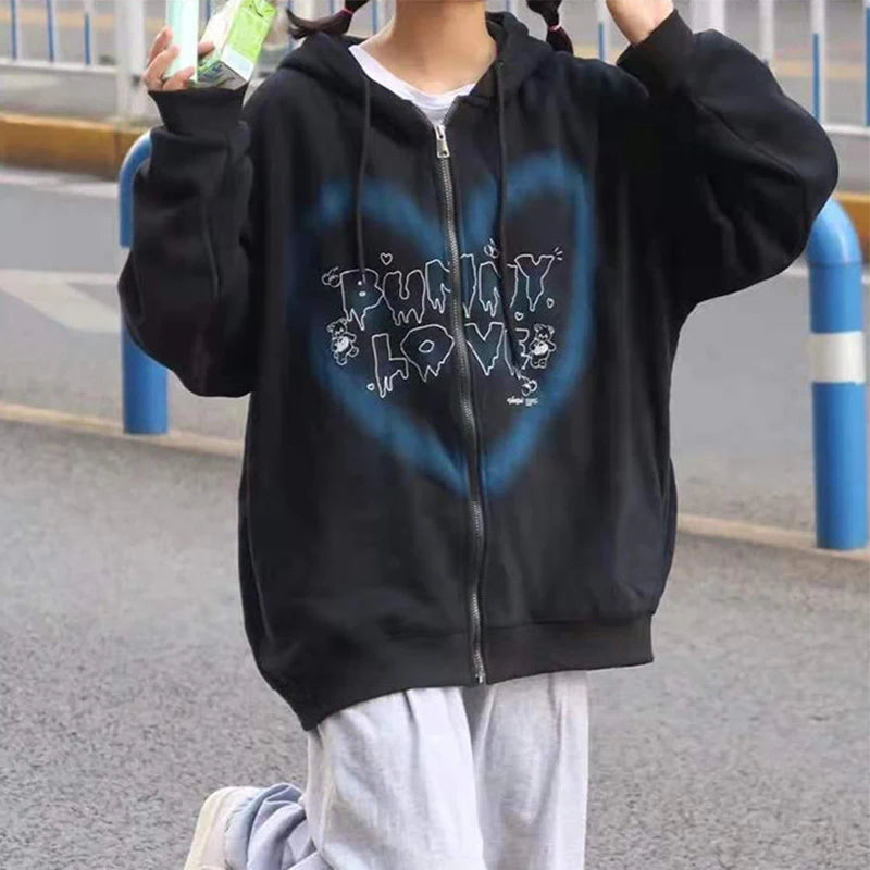 Y2K Harajuku Korean Style Loose Skeleton Zip-Up Hoodie Grunge Long Sleeve Gothic Hooded Jacket Retro Coat Oversized Sweatshirt