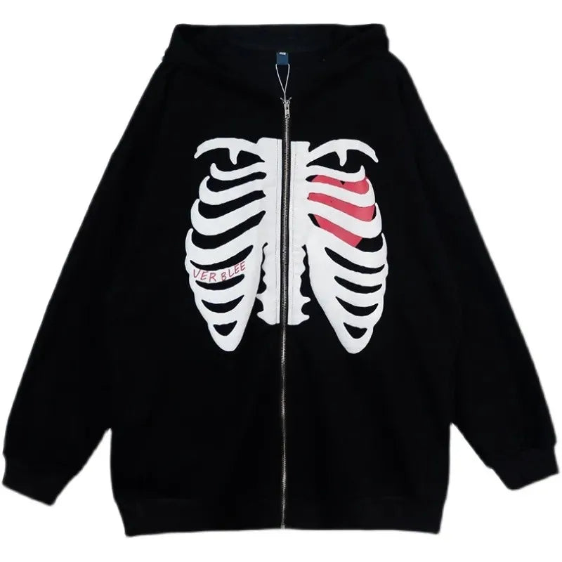 Y2K Harajuku Korean Style Loose Skeleton Zip-Up Hoodie Grunge Long Sleeve Gothic Hooded Jacket Retro Coat Oversized Sweatshirt