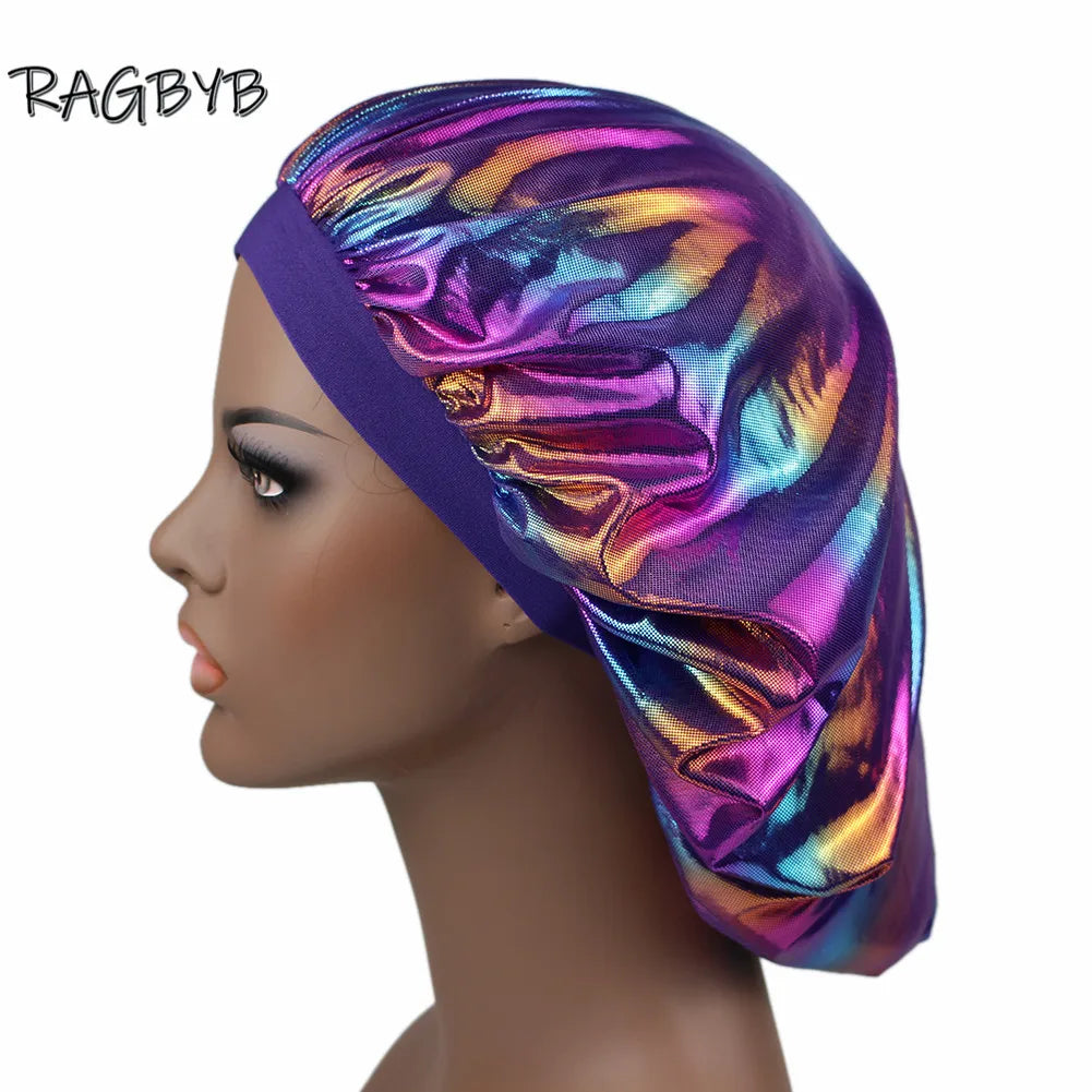 Unisex Glitter Silk Durag Matching Bonnet Set Men Silky Durag Bandanas Bonnet for Women Sleep Cap Wave Hair Cap Head Scarf Durag