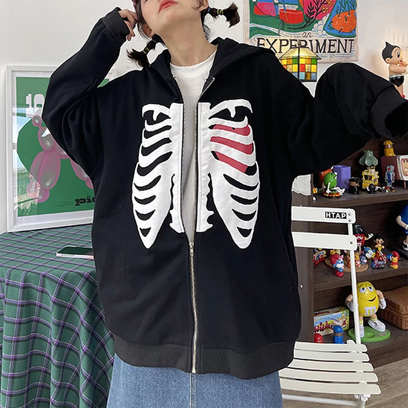 Y2K Harajuku Korean Style Loose Skeleton Zip-Up Hoodie Grunge Long Sleeve Gothic Hooded Jacket Retro Coat Oversized Sweatshirt