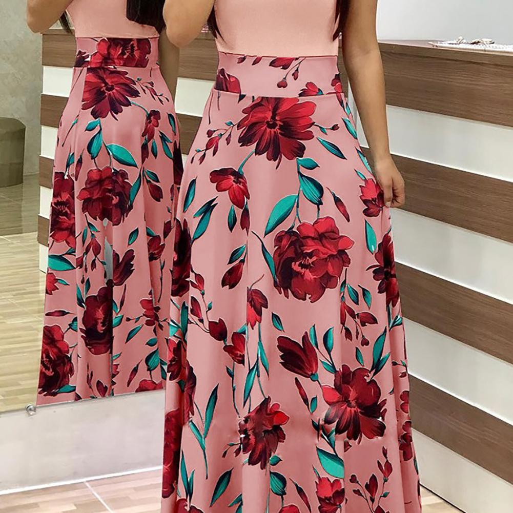 Hot Sales!!Casual Women's Dresses Floral Print Color Block Round Neck Beach Party Short Sleeve Maxi Dress