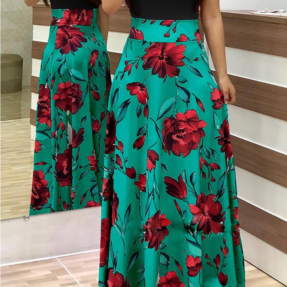 Hot Sales!!Casual Women's Dresses Floral Print Color Block Round Neck Beach Party Short Sleeve Maxi Dress