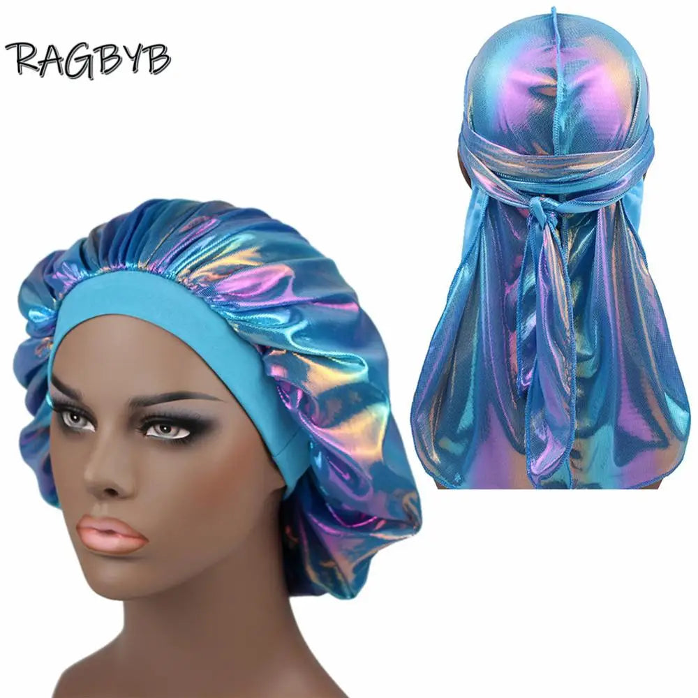 Unisex Glitter Silk Durag Matching Bonnet Set Men Silky Durag Bandanas Bonnet for Women Sleep Cap Wave Hair Cap Head Scarf Durag