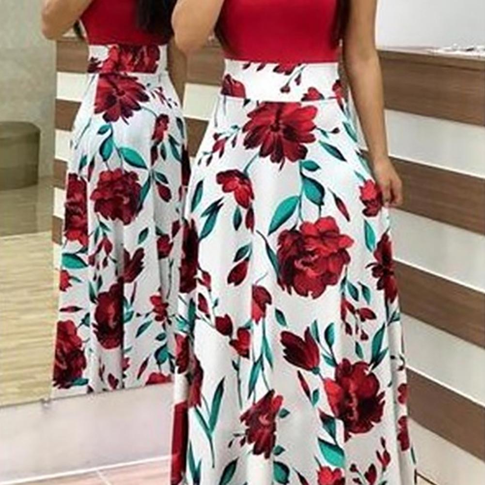 Hot Sales!!Casual Women's Dresses Floral Print Color Block Round Neck Beach Party Short Sleeve Maxi Dress