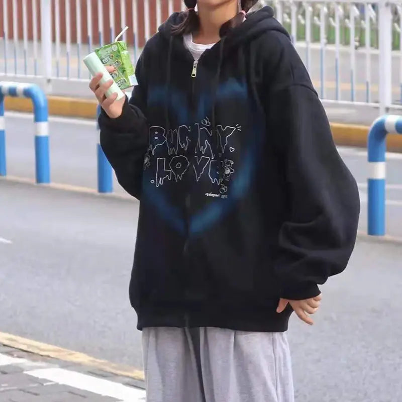 Y2K Harajuku Korean Style Loose Skeleton Zip-Up Hoodie Grunge Long Sleeve Gothic Hooded Jacket Retro Coat Oversized Sweatshirt
