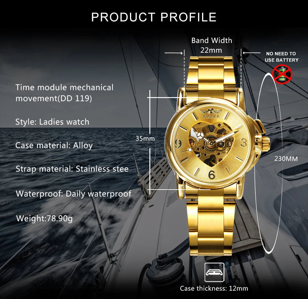 WINNER Fashion Skeleton Watch for Women Elegant Luxury Brand Automatic Mechanical Ladies Watches Gold Stainless Steel Strap 2023