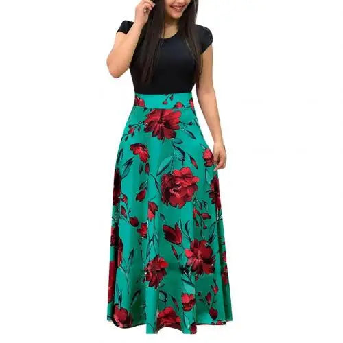 Hot Sales!!Casual Women's Dresses Floral Print Color Block Round Neck Beach Party Short Sleeve Maxi Dress