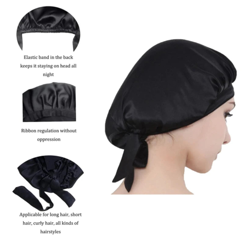 Women's Adjustable Lace-up  Mulberry Silk Sleep Hair Hat Care  Headwrap Hat Satin Sleeping Bonnet Night Cap