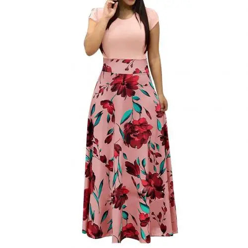 Hot Sales!!Casual Women's Dresses Floral Print Color Block Round Neck Beach Party Short Sleeve Maxi Dress