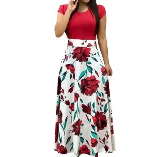 Hot Sales!!Casual Women's Dresses Floral Print Color Block Round Neck Beach Party Short Sleeve Maxi Dress
