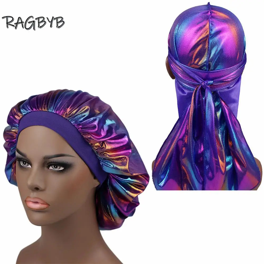 Unisex Glitter Silk Durag Matching Bonnet Set Men Silky Durag Bandanas Bonnet for Women Sleep Cap Wave Hair Cap Head Scarf Durag