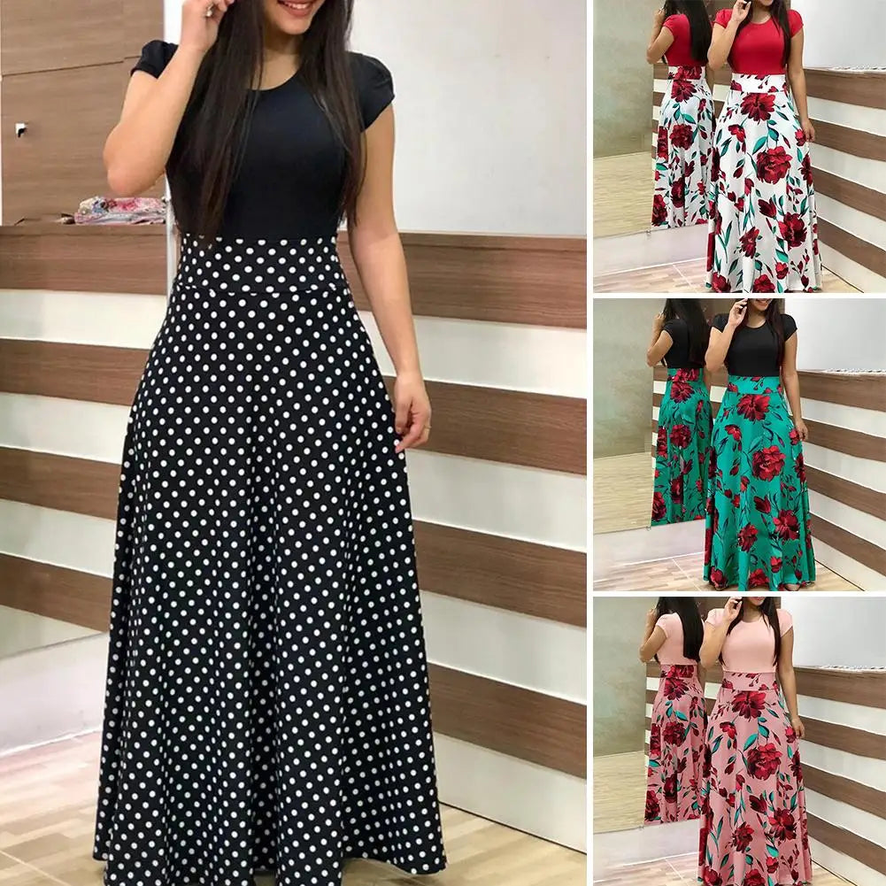Hot Sales!!Casual Women's Dresses Floral Print Color Block Round Neck Beach Party Short Sleeve Maxi Dress