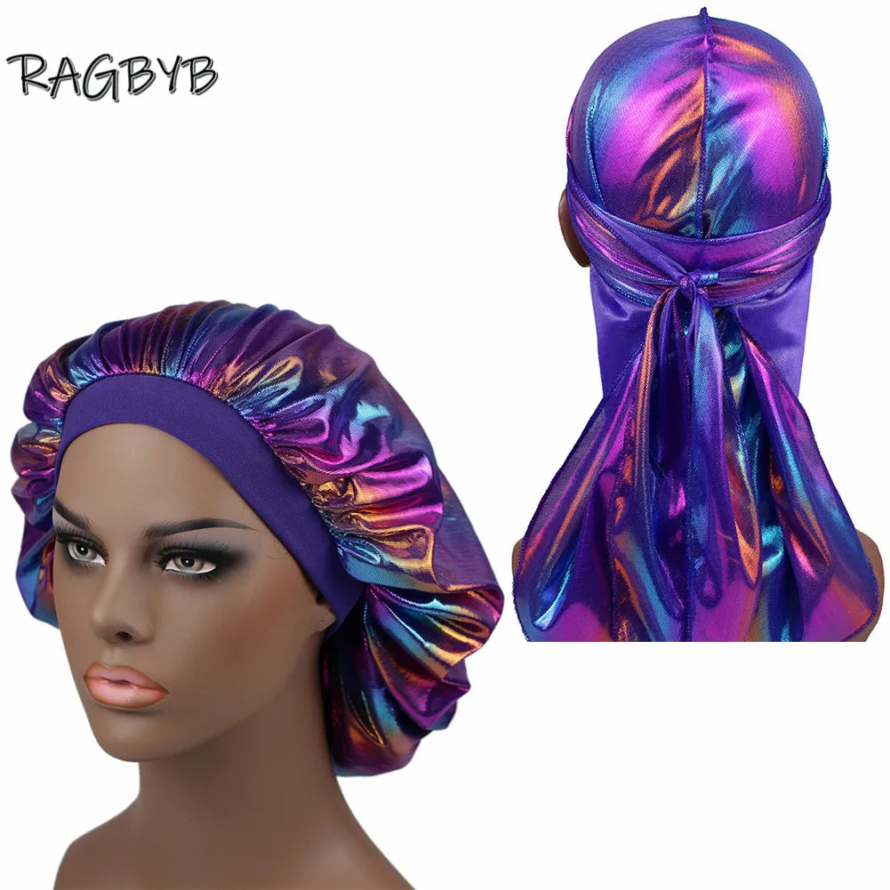 Unisex Glitter Silk Durag Matching Bonnet Set Men Silky Durag Bandanas Bonnet for Women Sleep Cap Wave Hair Cap Head Scarf Durag