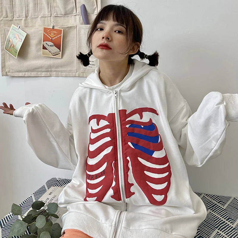 Y2K Harajuku Korean Style Loose Skeleton Zip-Up Hoodie Grunge Long Sleeve Gothic Hooded Jacket Retro Coat Oversized Sweatshirt