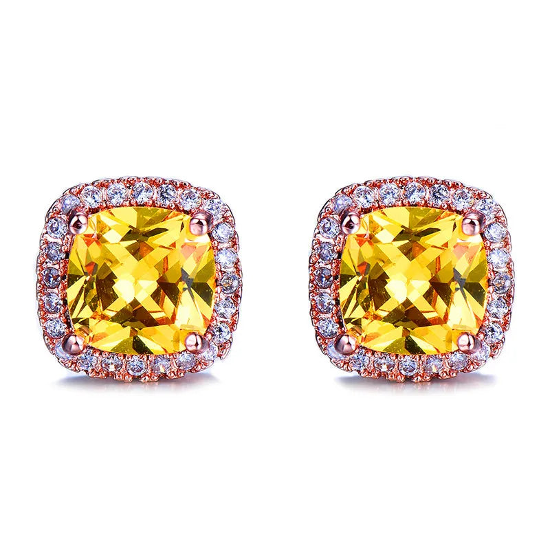 Luxury Female Yellow Pink Stone Earrings Fashion Silver Color Wedding Jewelry Vintage Double Stud Earrings For Women