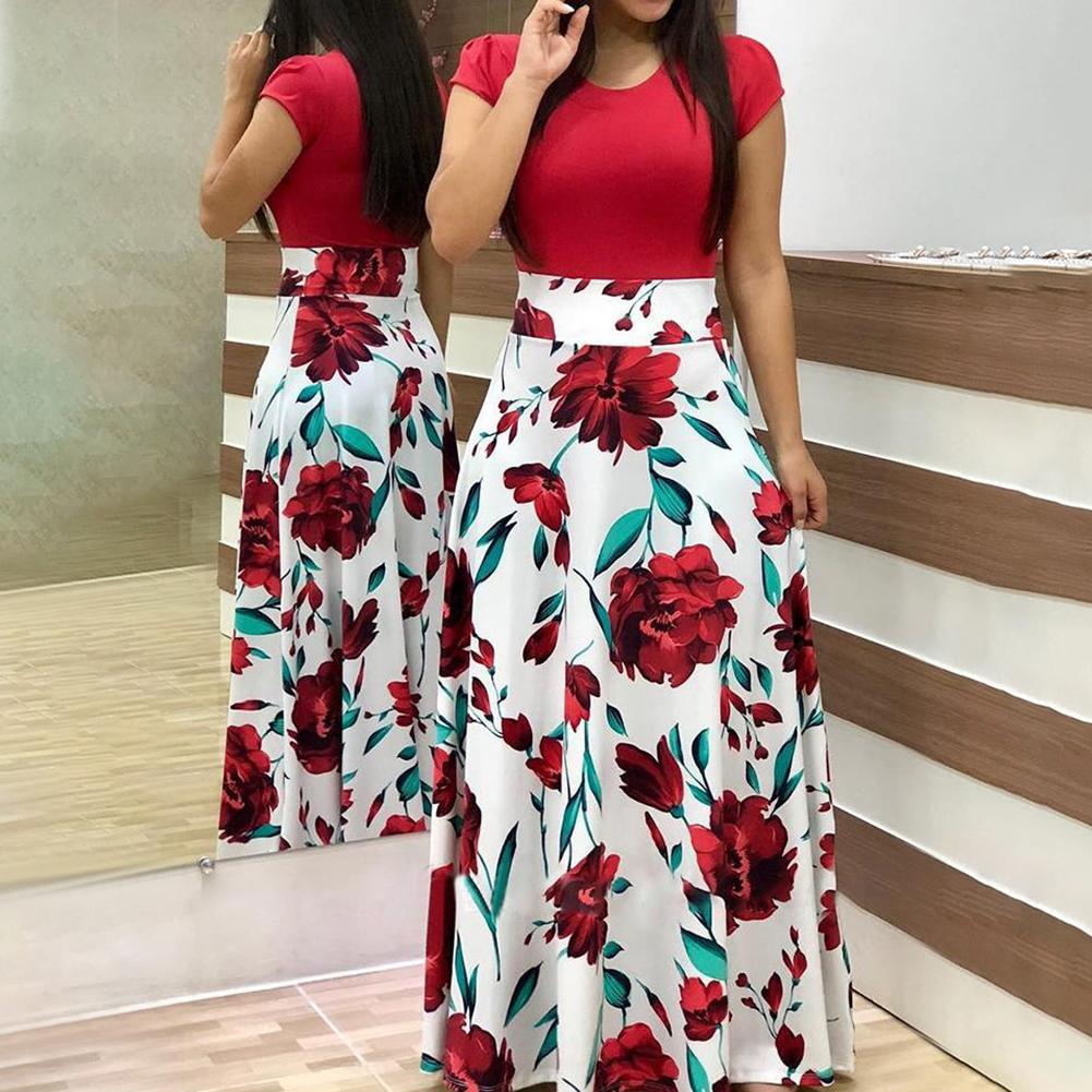 Hot Sales!!Casual Women's Dresses Floral Print Color Block Round Neck Beach Party Short Sleeve Maxi Dress