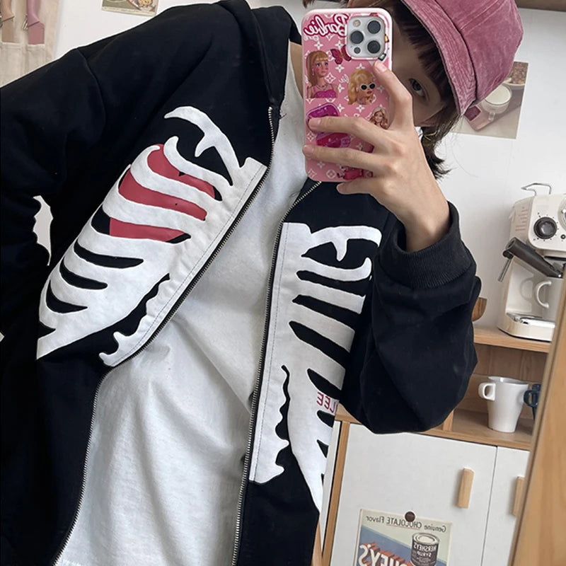 Y2K Harajuku Korean Style Loose Skeleton Zip-Up Hoodie Grunge Long Sleeve Gothic Hooded Jacket Retro Coat Oversized Sweatshirt