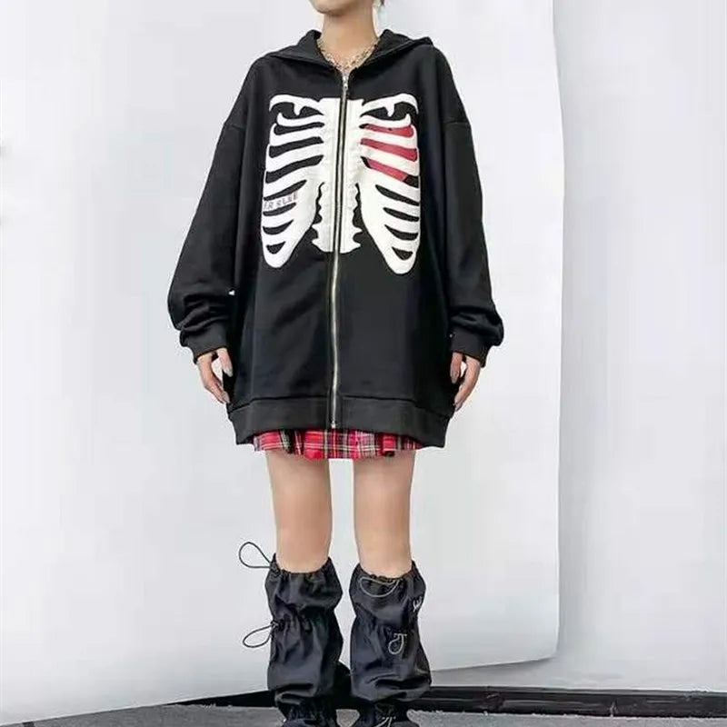 Y2K Harajuku Korean Style Loose Skeleton Zip-Up Hoodie Grunge Long Sleeve Gothic Hooded Jacket Retro Coat Oversized Sweatshirt