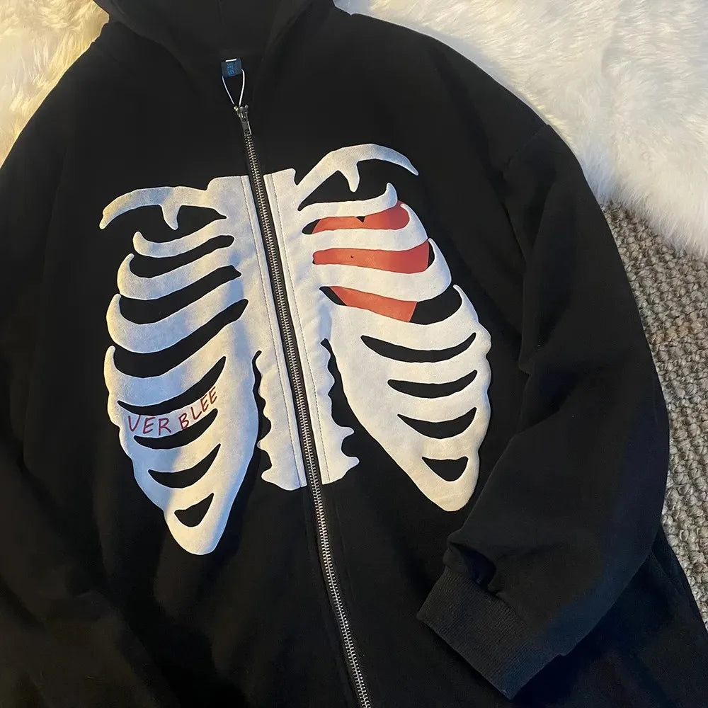 Y2K Harajuku Korean Style Loose Skeleton Zip-Up Hoodie Grunge Long Sleeve Gothic Hooded Jacket Retro Coat Oversized Sweatshirt