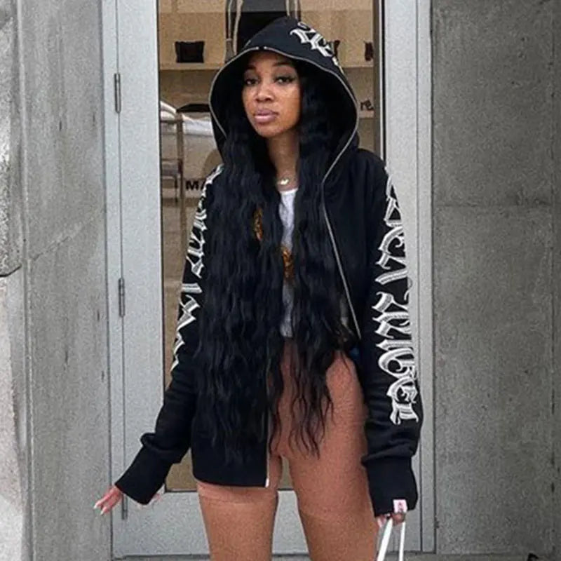 Y2k Hip Hop Letter Printed Zip Up Hoodie Women Cardigan Blue Sweatshirts Gothic Punk Clothes New Fashion Streetwear 90s Jackets