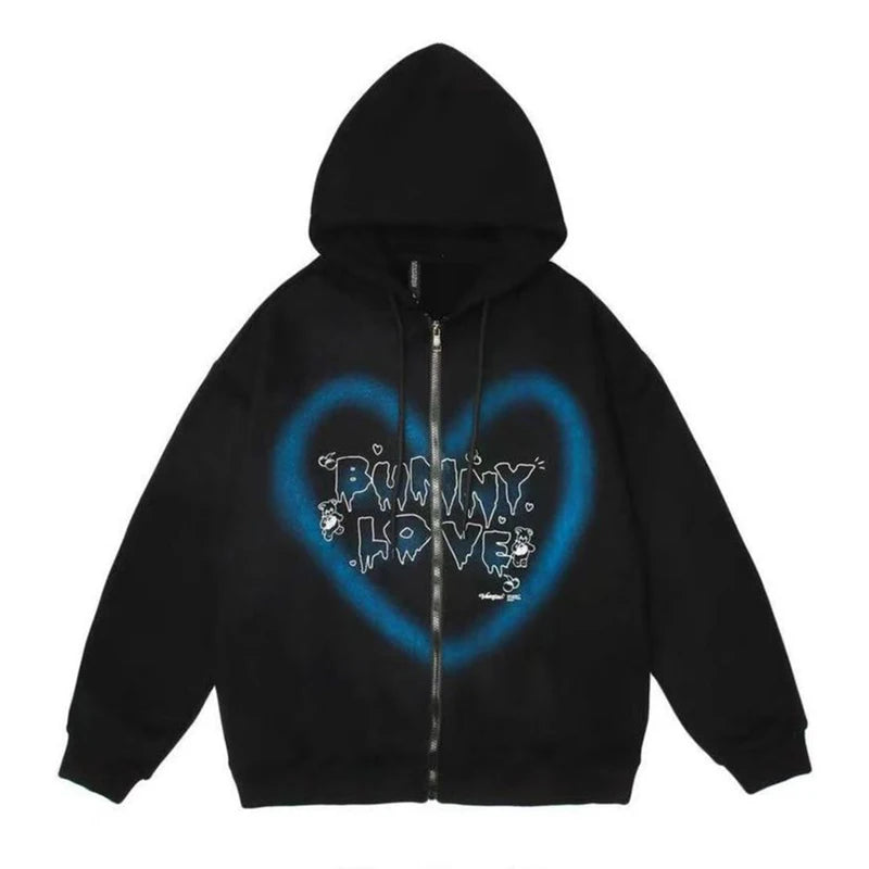 Y2K Harajuku Korean Style Loose Skeleton Zip-Up Hoodie Grunge Long Sleeve Gothic Hooded Jacket Retro Coat Oversized Sweatshirt