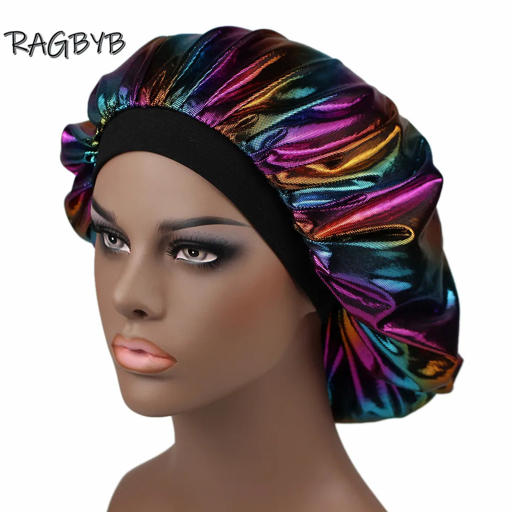 Unisex Glitter Silk Durag Matching Bonnet Set Men Silky Durag Bandanas Bonnet for Women Sleep Cap Wave Hair Cap Head Scarf Durag