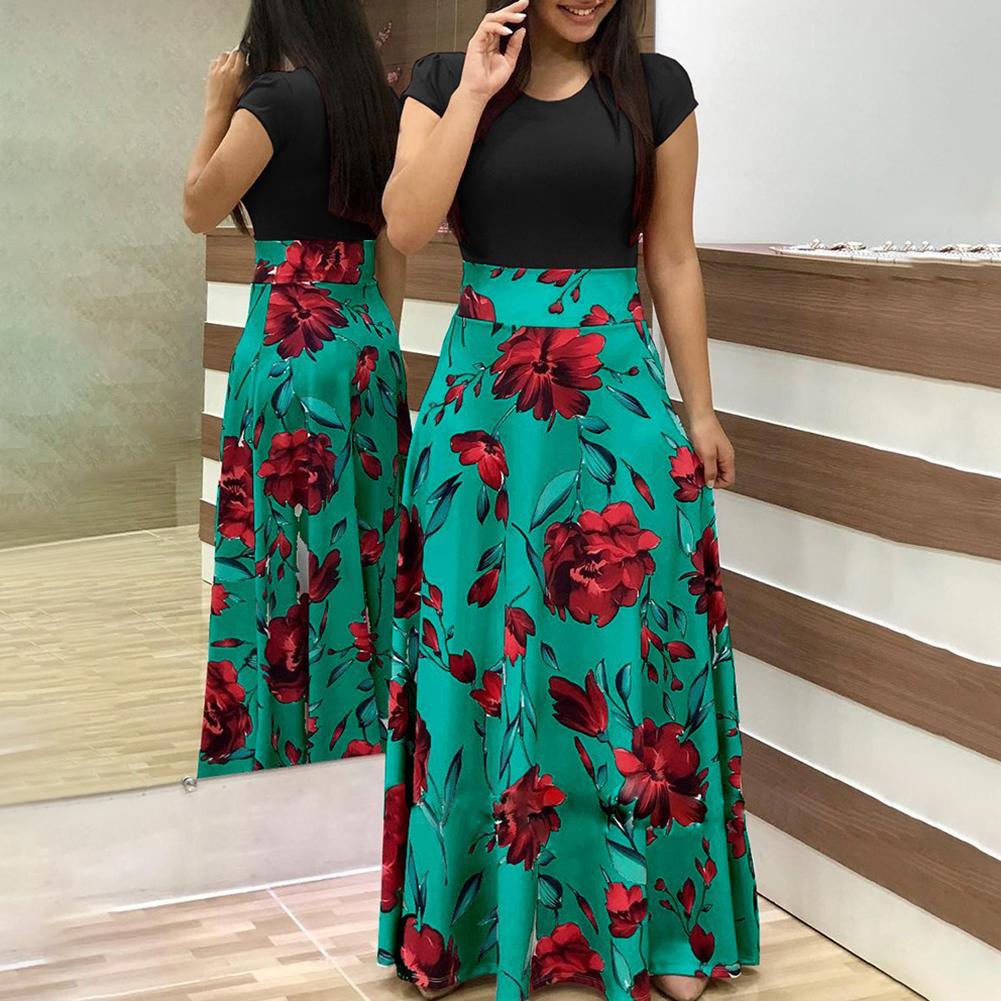Hot Sales!!Casual Women's Dresses Floral Print Color Block Round Neck Beach Party Short Sleeve Maxi Dress