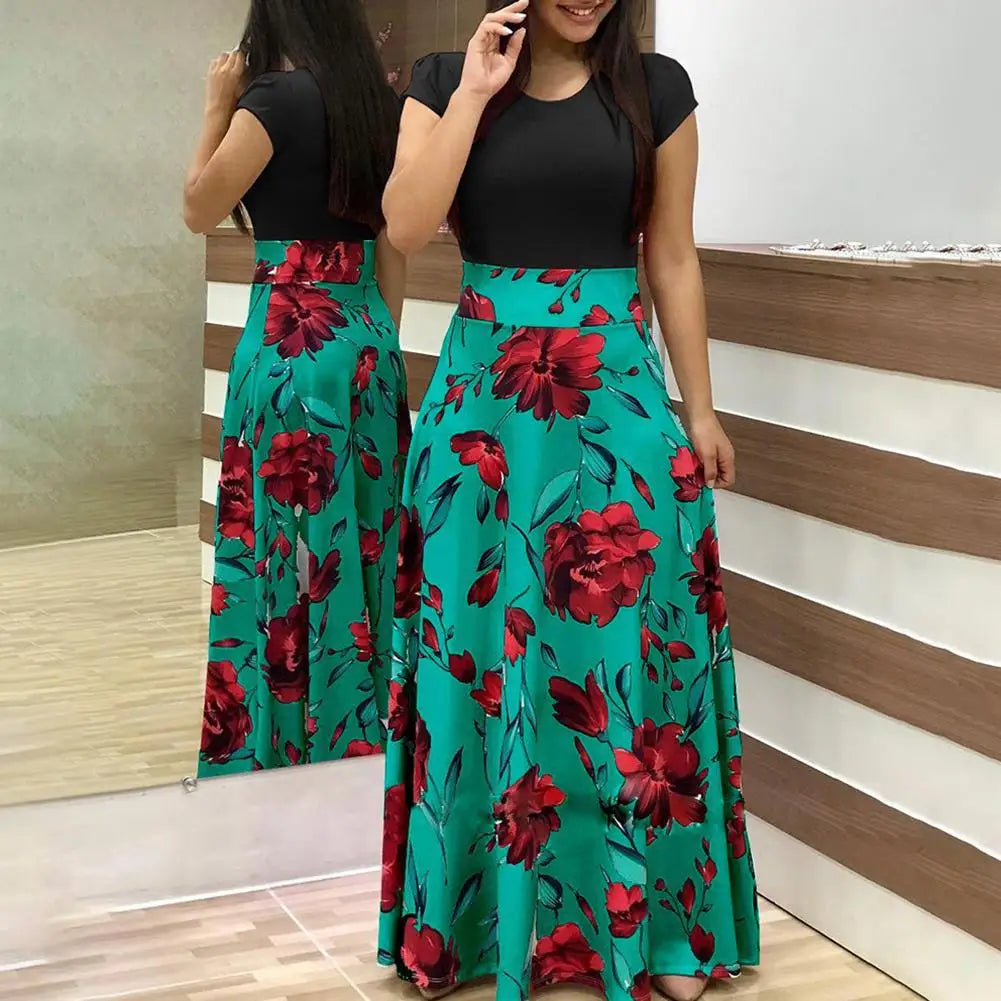 Hot Sales!!Casual Women's Dresses Floral Print Color Block Round Neck Beach Party Short Sleeve Maxi Dress