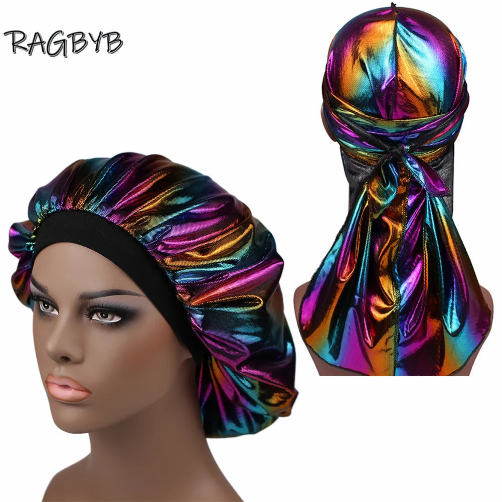 Unisex Glitter Silk Durag Matching Bonnet Set Men Silky Durag Bandanas Bonnet for Women Sleep Cap Wave Hair Cap Head Scarf Durag