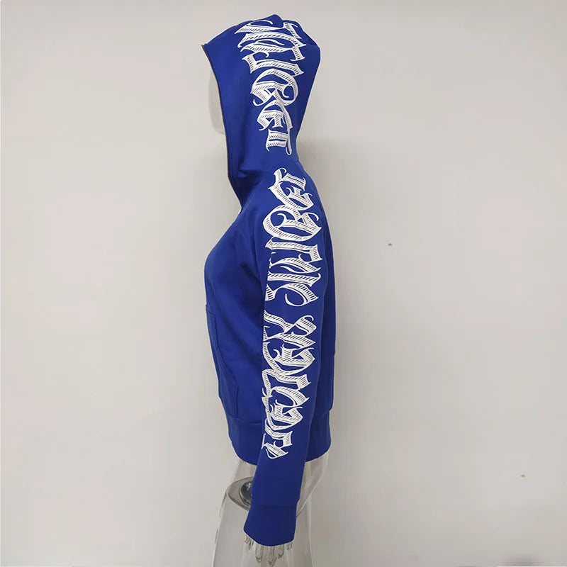Y2k Hip Hop Letter Printed Zip Up Hoodie Women Cardigan Blue Sweatshirts Gothic Punk Clothes New Fashion Streetwear 90s Jackets