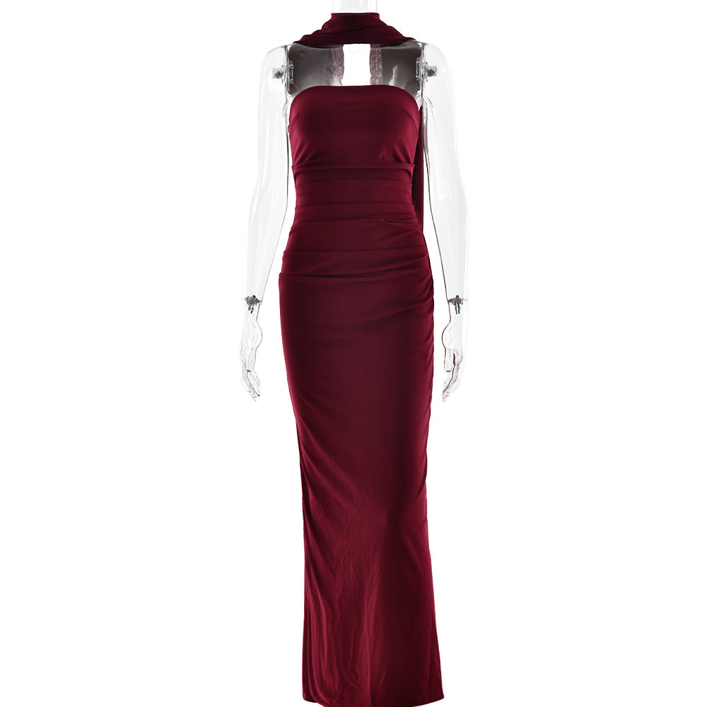 XIAOTANG Scarf Collar Strapless Sexy Maxi Dress for Women Fashion Off-shoulder Backless Bodycon Club Party Long Dress Elegant