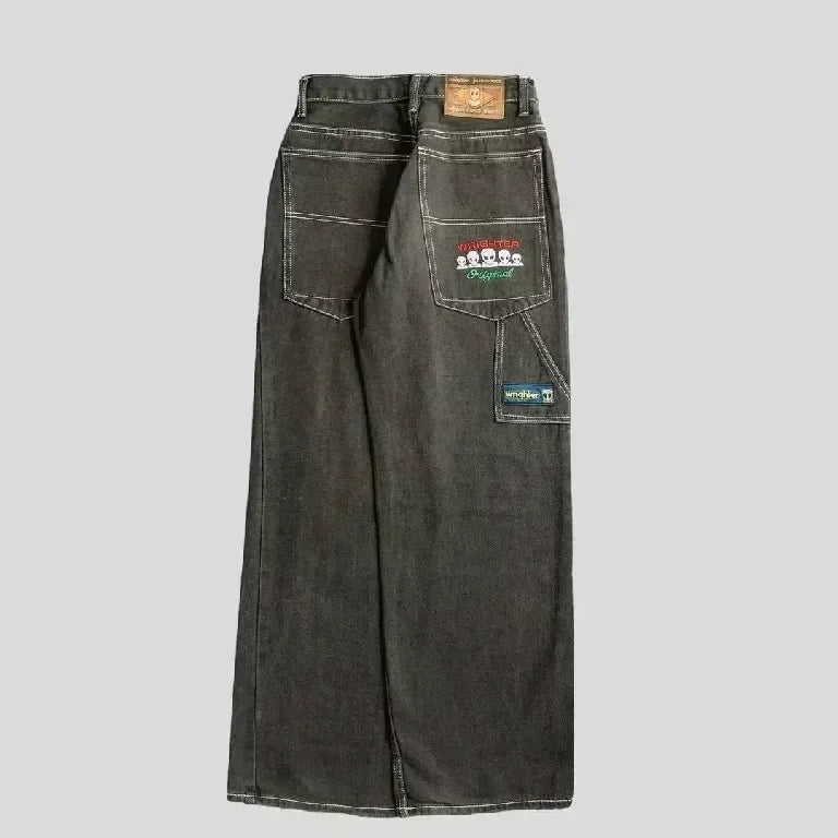Gothic Vintage Jeans Y2K Clothes Men Women Harajuku Pocket Embroidery Retro Blue Baggy Jeans High Waist Slim Flared Trousers