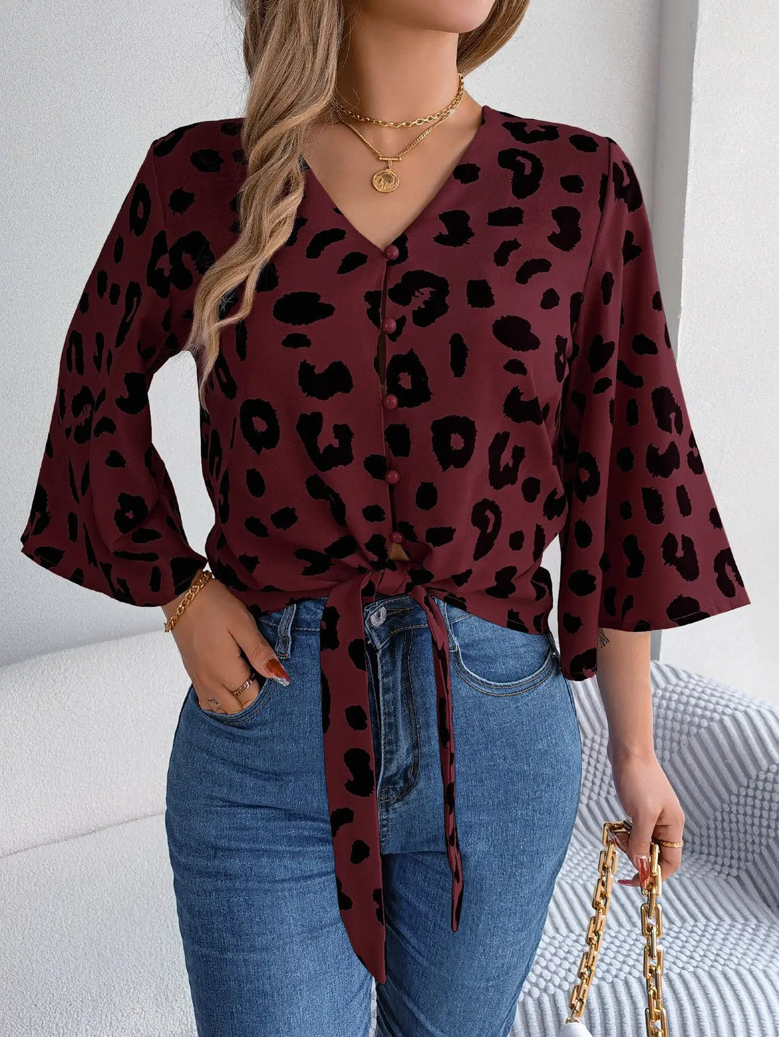 Spring Summer Casual Leopard Print Middle Sleeve Tie Bow Top Women Button Shirt