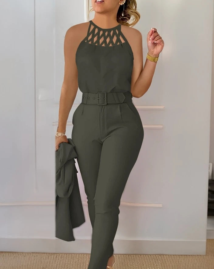Women's Urban Style Suit 2025 Spring Summer Latest Sexy Solid Color Hollow Out Sleeveless Tank Top&high Waist Straight Pants Set