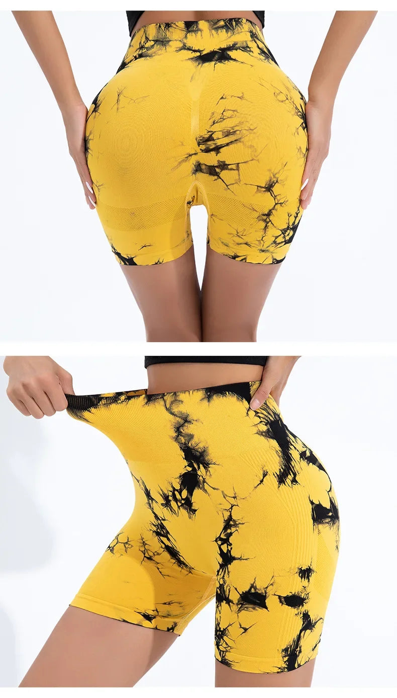 High Waist Yoga Shorts Women Seamless Push Up Shorts Gym Workout Running Shorts Tie Dye  Fashion Knit Slim Three Point Pants
