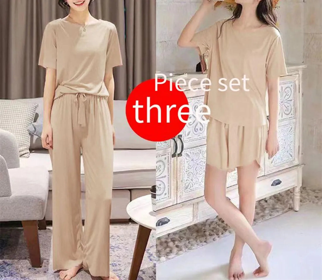 Ice Silk Pyjamas Three-Piece Set Women's Female Home Wear Trousers Simple Leisure Comfortable Loose Short-Sleeved Girl Sleepwear