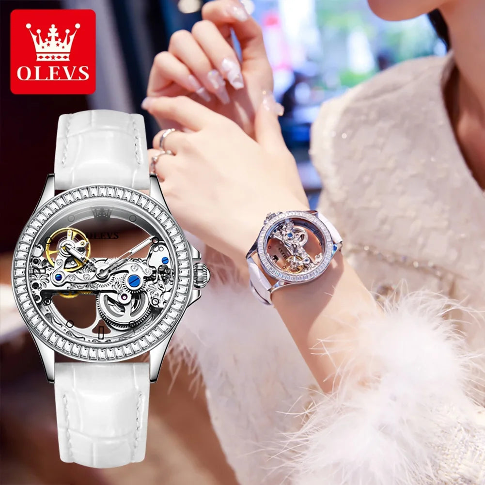 OLEVS Luxury Women Automatic Mechanical Watch Stainless Steel Diamond Inlay Fully Hollow Design Luminous Dial Elegant Wristwatch