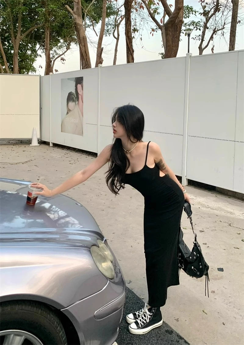 Sexy Spicy Girl Hollow Backless Back Camisole Dress Women's Summer Y2k Clothing Party Bodycon Dresses Split Wrapped Hip Sundress