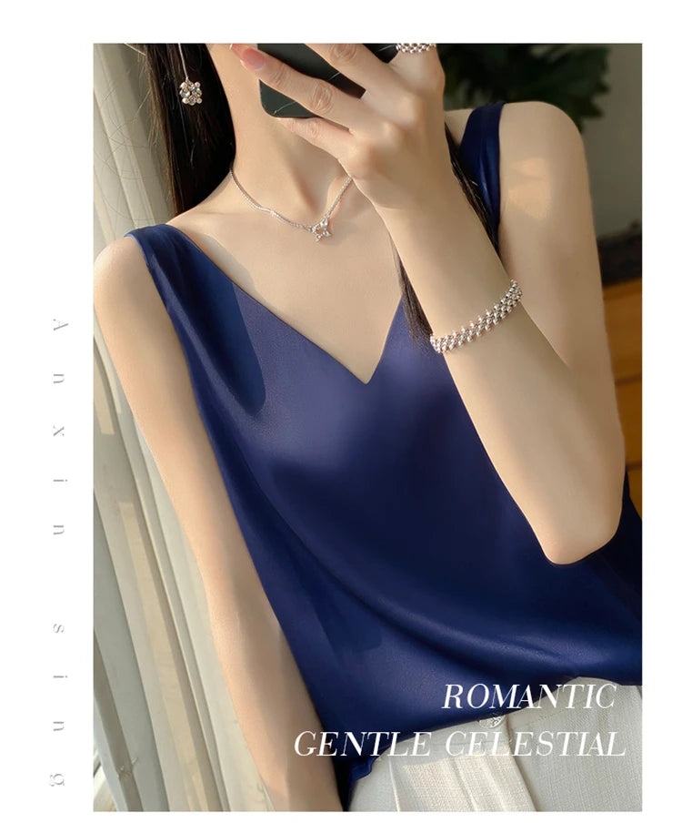 2024 New Silk Satin Women's Tank Top Basic V-neck Multi Color White Black Women's Sleeveless Top Summer Sexy Bottom