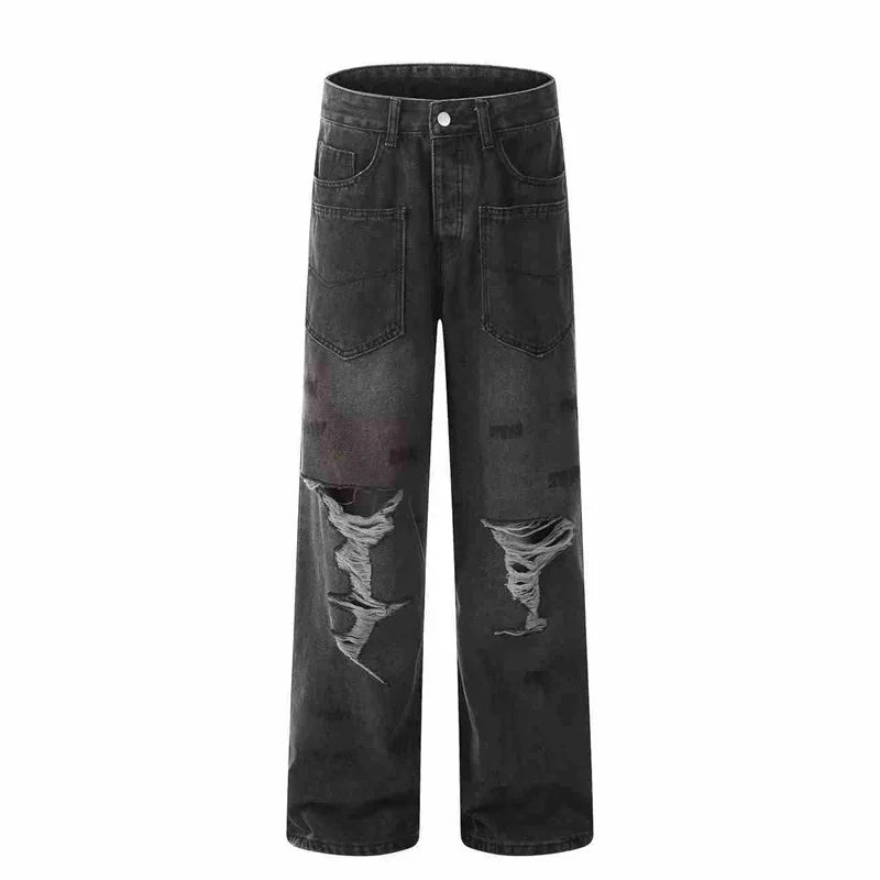 Spring American Retro Ripped Wide-leg Jeans For Men High Street Fashion Distressed Baggy Denim Pants 2025 New Casual Y2K Jean